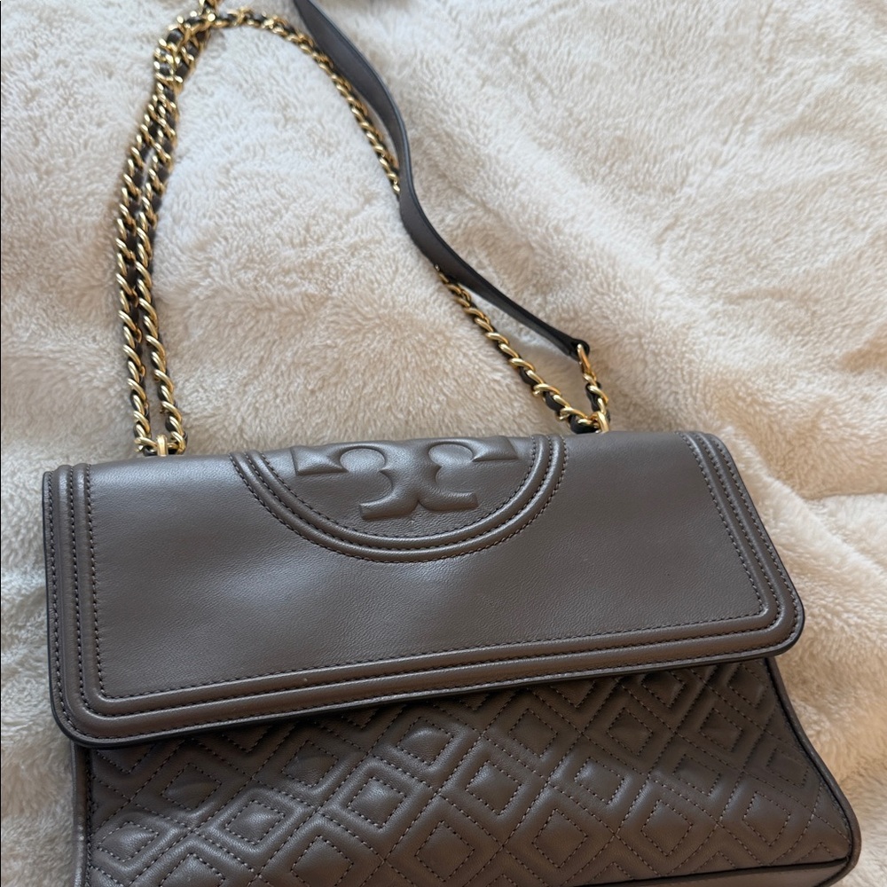 Tory Burch Brown Quilted Leather Flap Crossbody with Gold Chain